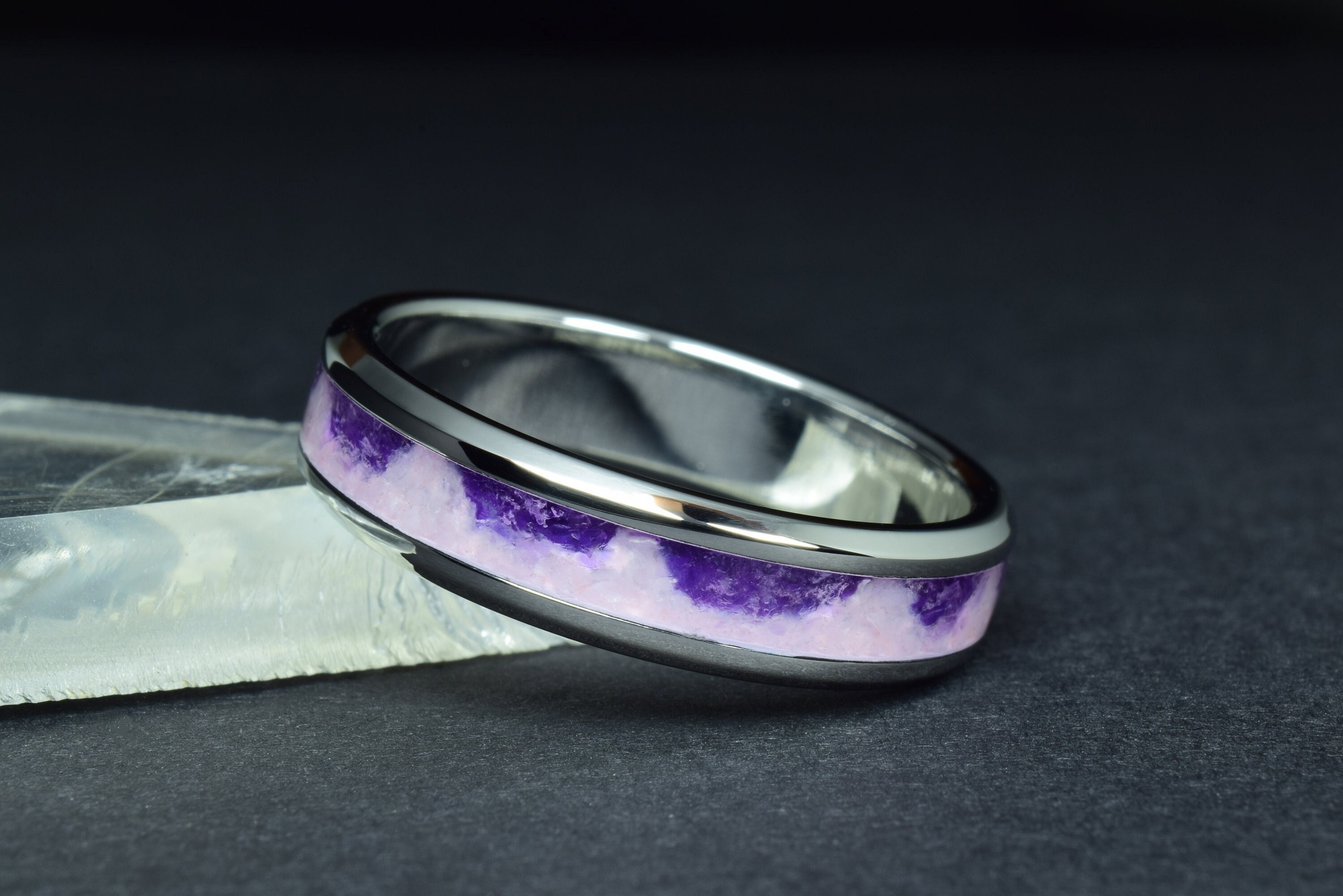 Wedding Ring, Stainless Steel Ring with crushed Amethyst and Rose quartz / Pink Opal Band Mix Inlay - Engraved