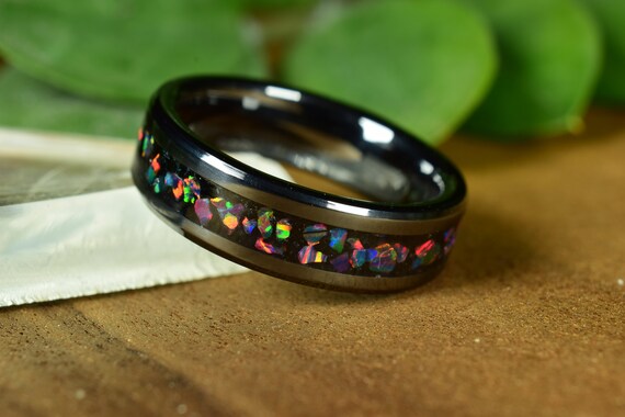 Black Ceramic Ring With Obsidian and Rainbow Opal, 6 Mm - Etsy