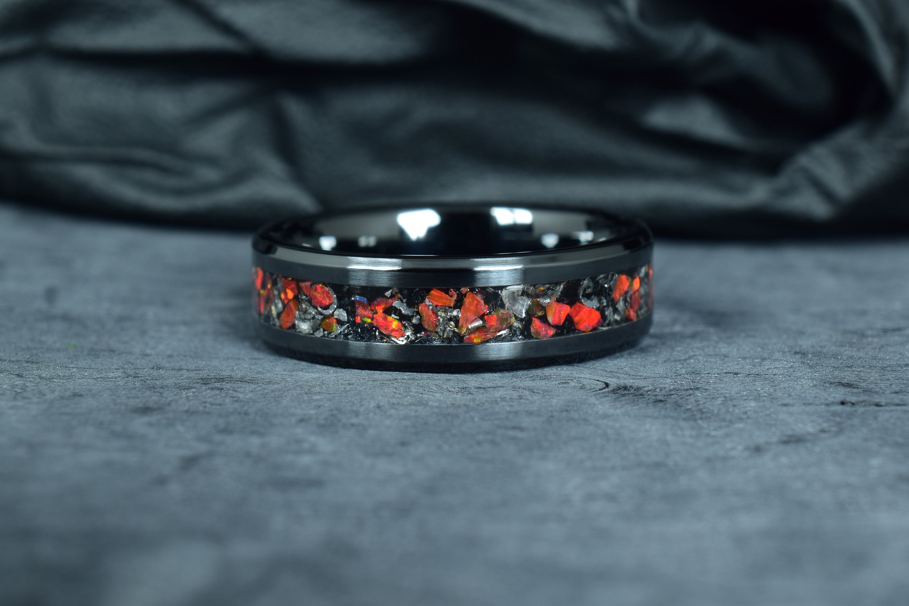 Meteorite Black Obsidian and Ruby Red Opal in Black Wedding Ring