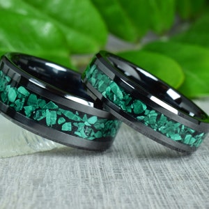 Black Ceramic Wedding Ring Set with Crushed Natural Malachite Crystals and Black Obsidian