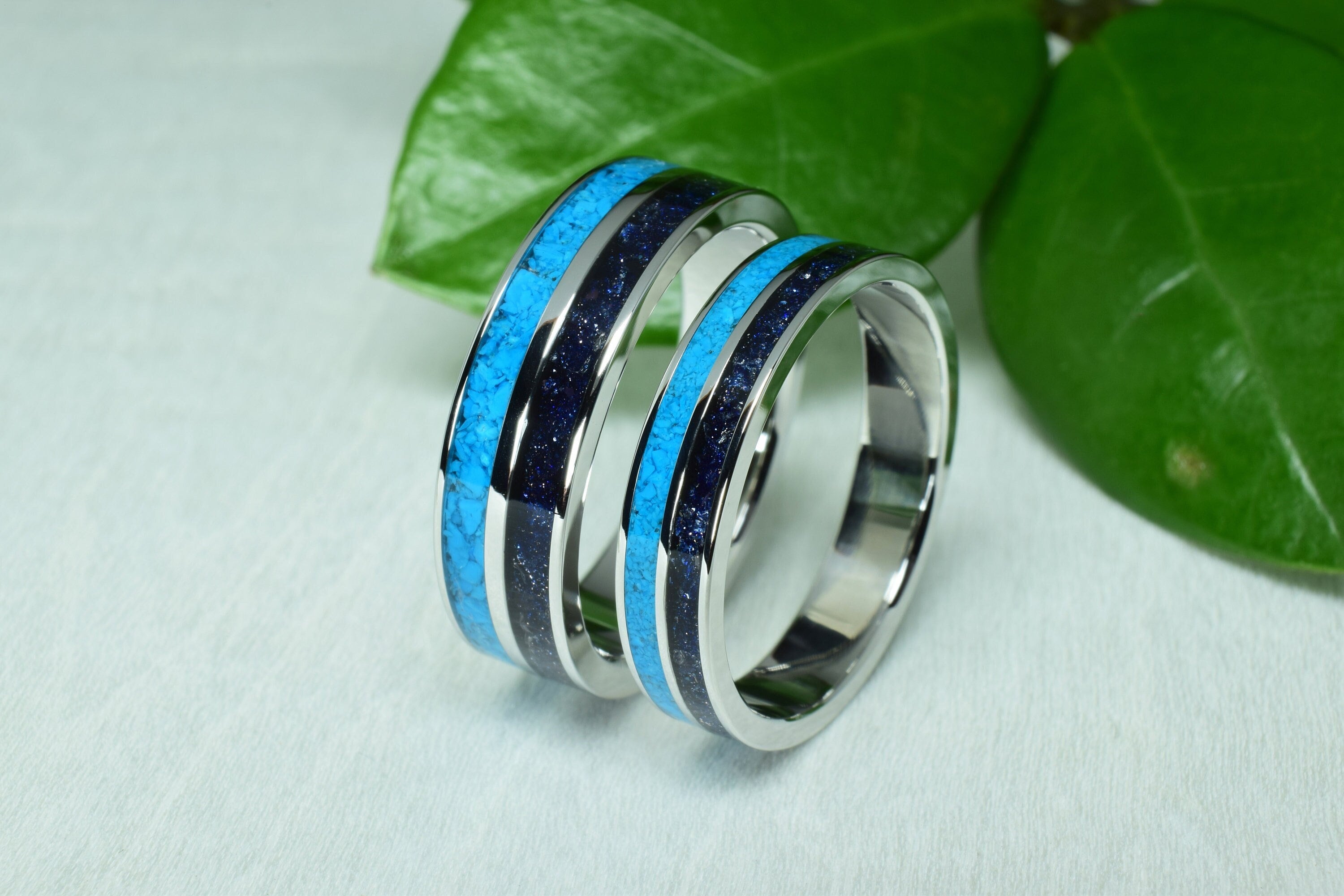 Stainless Steel Wedding Ring Set with Natural Turquoise and Blue Goldstone Etsy Mexico