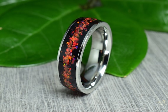7 mm Stainless Steel Ring with Black Obsidian and Ruby Red Opal Wedding Ring Promise Ring Etsy France