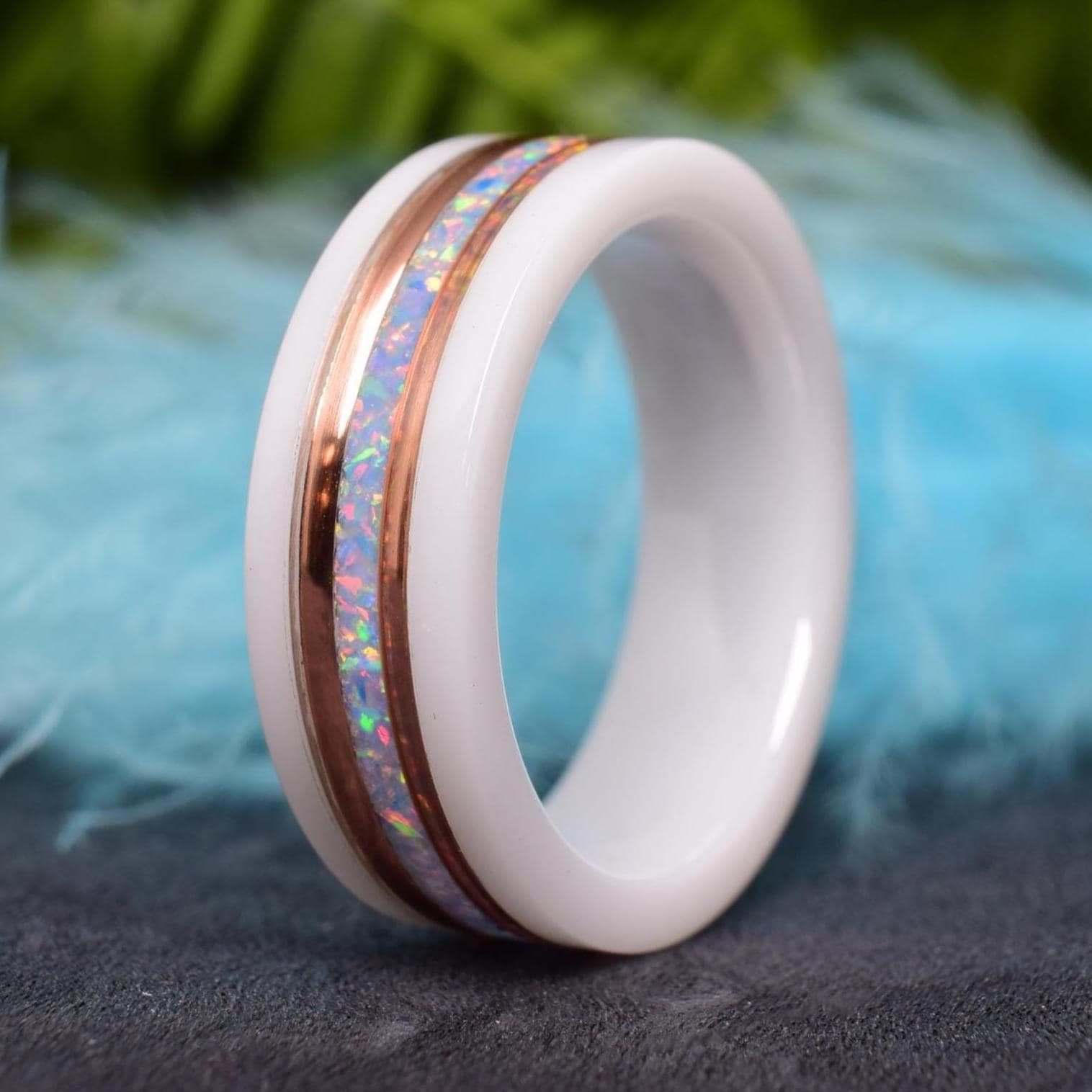 White Ceramic Ring - wedding ring with 14k Rose Gold - Sky Blue Opal Gemstone Inlay Wedding Ring - Black Ceramic and Tungsten Optional
