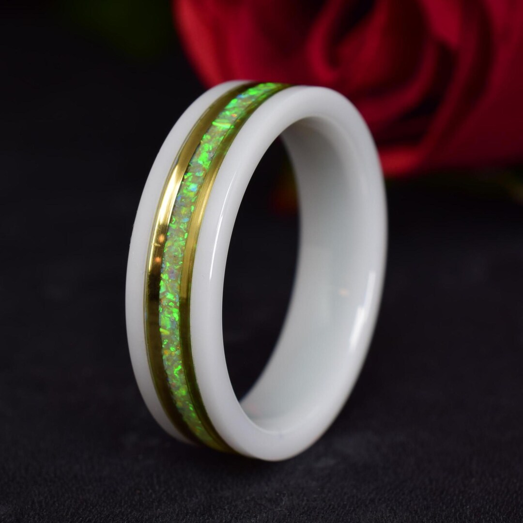 White Ceramic Ring - Wedding Ring With 14k Yellow Gold - Green Opal ...
