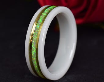 White Ceramic Ring - wedding ring with 14k Yellow Gold - Green Opal Gemstone Inlay Wedding Ring - Black Ceramic Optional