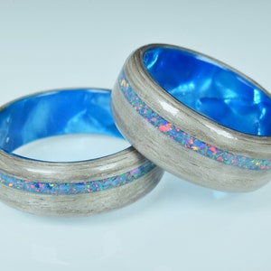 Silver Eucalyptus with Crushed Sky Blue Opal on Blue Core Bentwood Ring Set, Wood Ring for Men, Wood Ring for Women