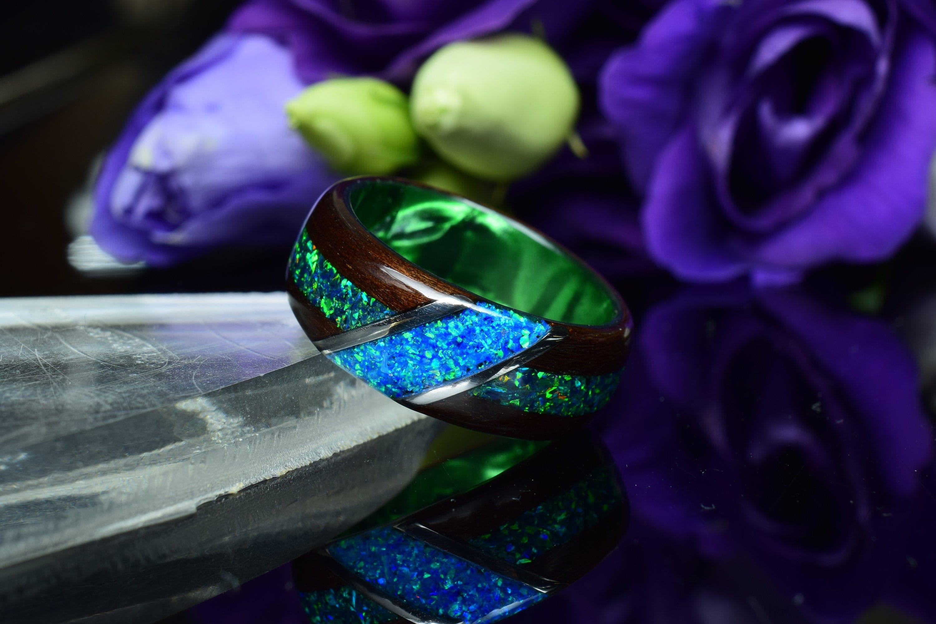 Fumed Eucalyptus with Crushed Ocean Blue/ Dark Green Opal and Stainless Steel on Green Epoxy Core Bentwood Ring