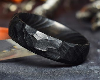 Black Damascus Steel Ring, Wedding Ring, Engagement Ring - Hammered finish