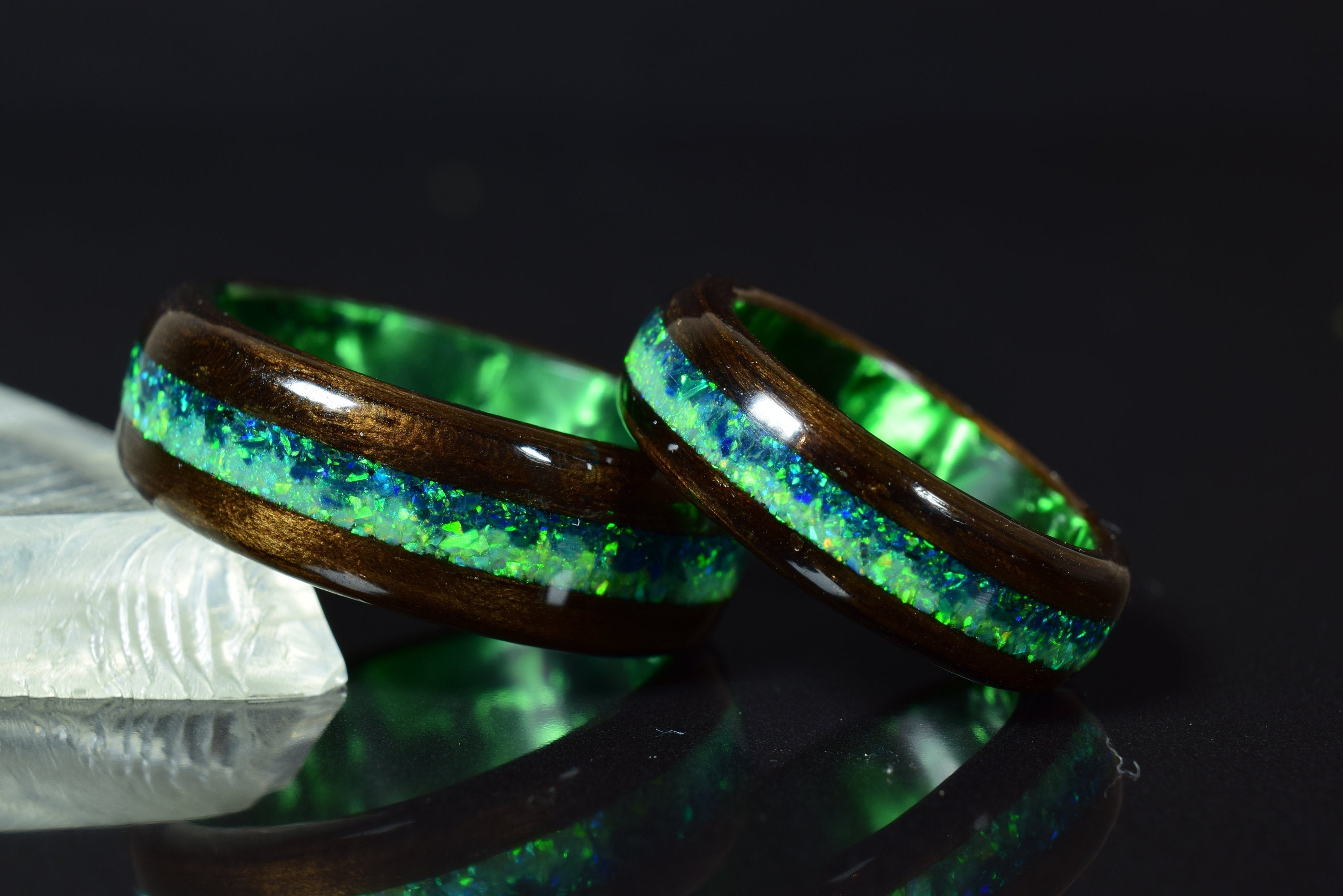 Fumed Eucalyptus with Crushed Light Green and Dark Green Opal on Green Core Bentwood Ring Set, Wood Ring for Men, Wood Ring for Women