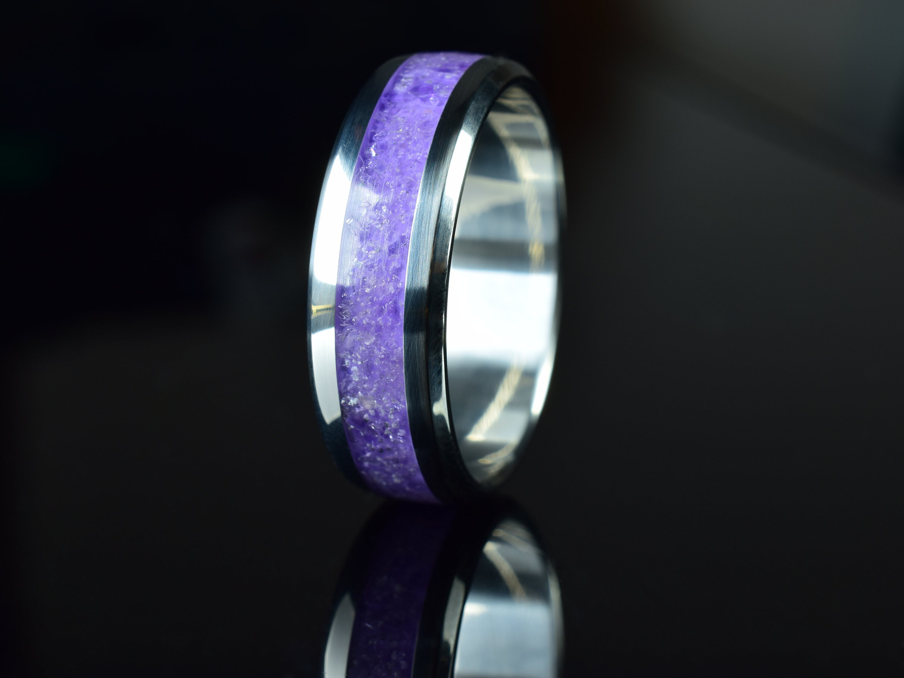 Wedding Ring, Stainless Steel Ring With Crushed Amethyst Inlay - Etsy