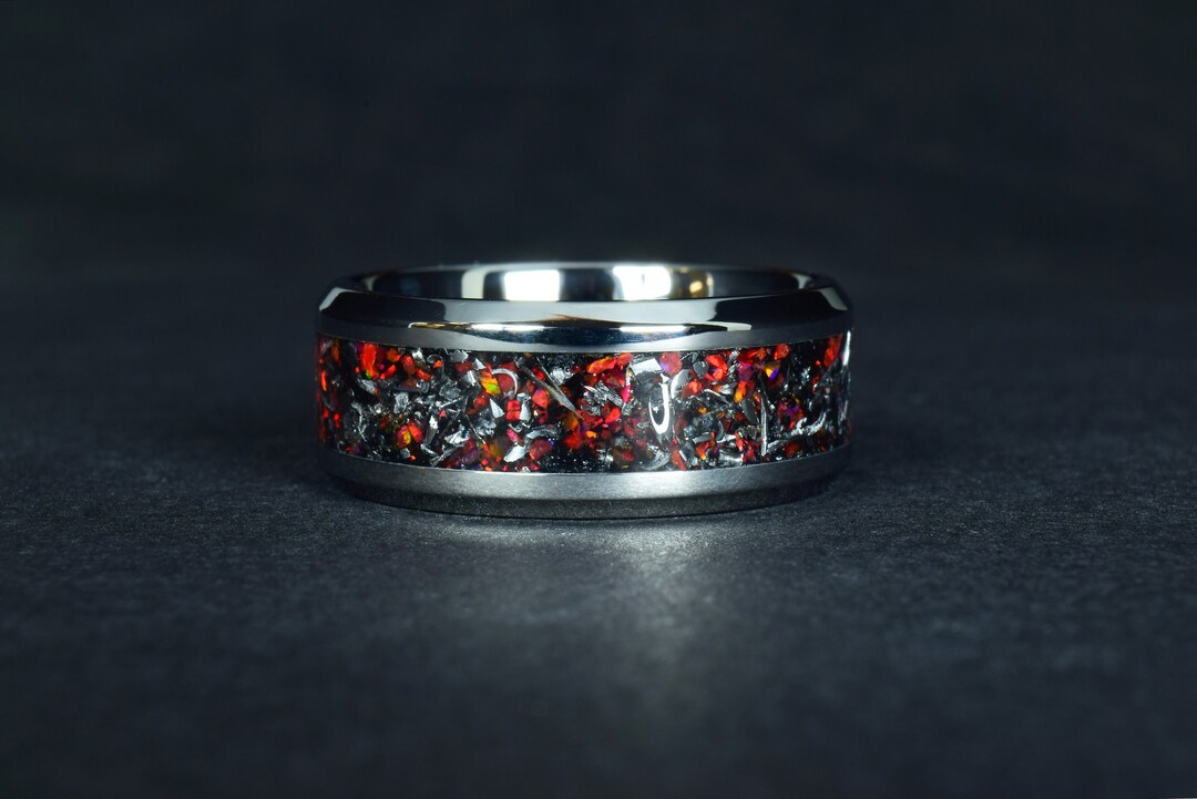Ruby Inlaid Wring Titanium / Stainless Steel Ring With Meteorite, Ruby Red Opal and ...