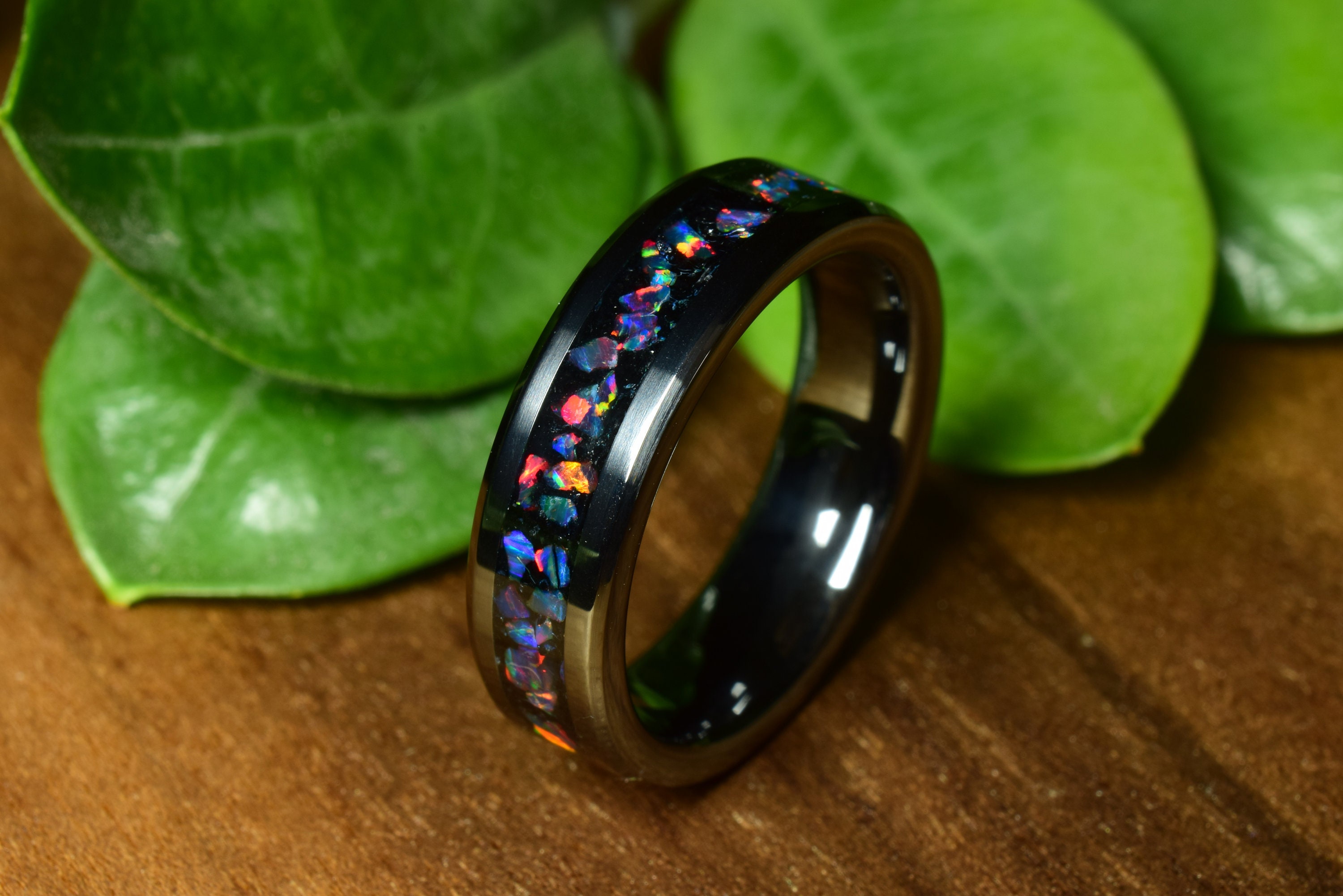Black Ceramic Ring With Obsidian and Rainbow Opal, 6 Mm - Etsy
