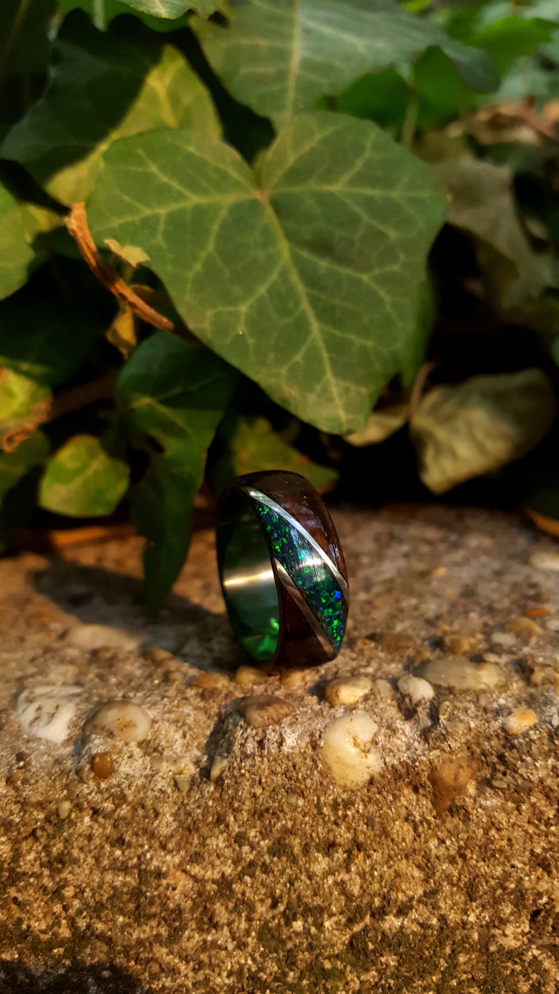 Fumed Eucalyptus with Crushed Dark Green Opal and Stainless Steel on Dark Green Core Bentwood Ring, Wood Ring for Men, Wood Ring image 6