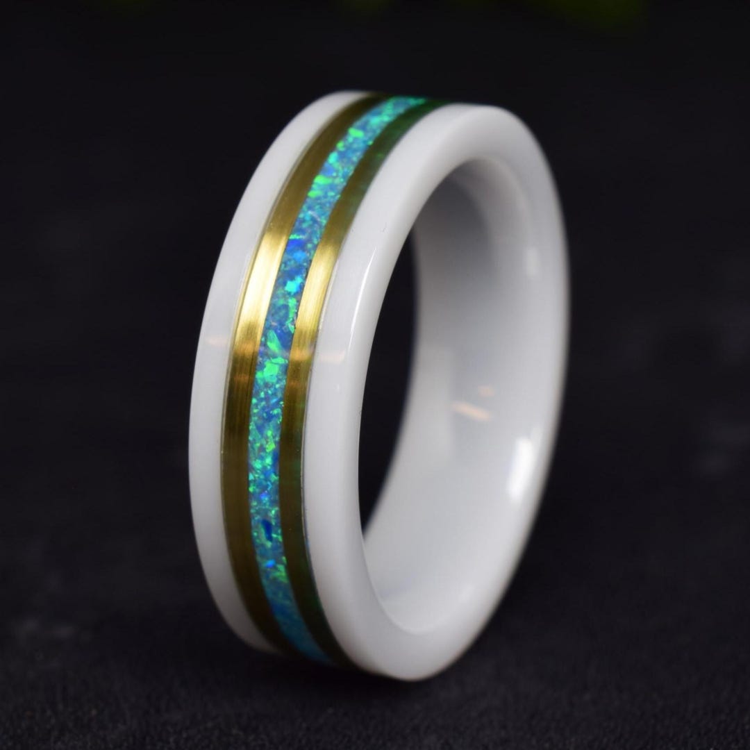 White Ceramic Ring - Wedding Ring With 14k Yellow Gold - Ocean Blue ...