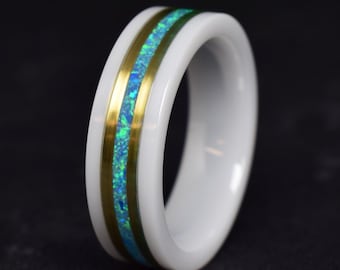 White Ceramic Ring - wedding ring with 14k Yellow Gold - Ocean Blue Opal Gemstone Inlay Wedding Ring - Black Ceramic and Tungsten Optional