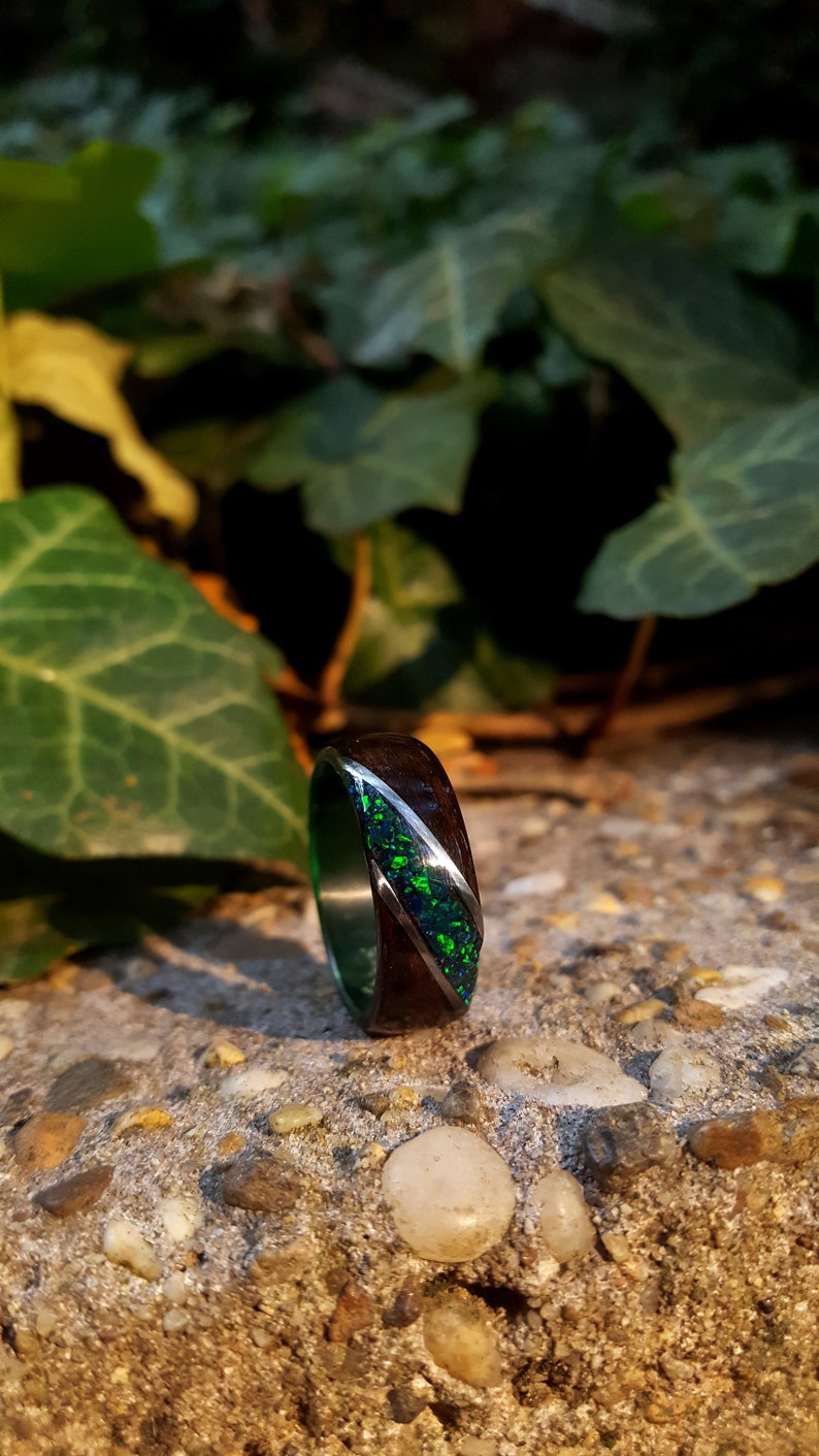 Fumed Eucalyptus with Crushed Dark Green Opal and Stainless Steel on Dark Green Core Bentwood Ring, Wood Ring for Men, Wood Ring image 4