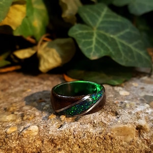 Fumed Eucalyptus with Crushed Dark Green Opal and Stainless Steel on Dark Green Core Bentwood Ring, Wood Ring for Men, Wood Ring image 5