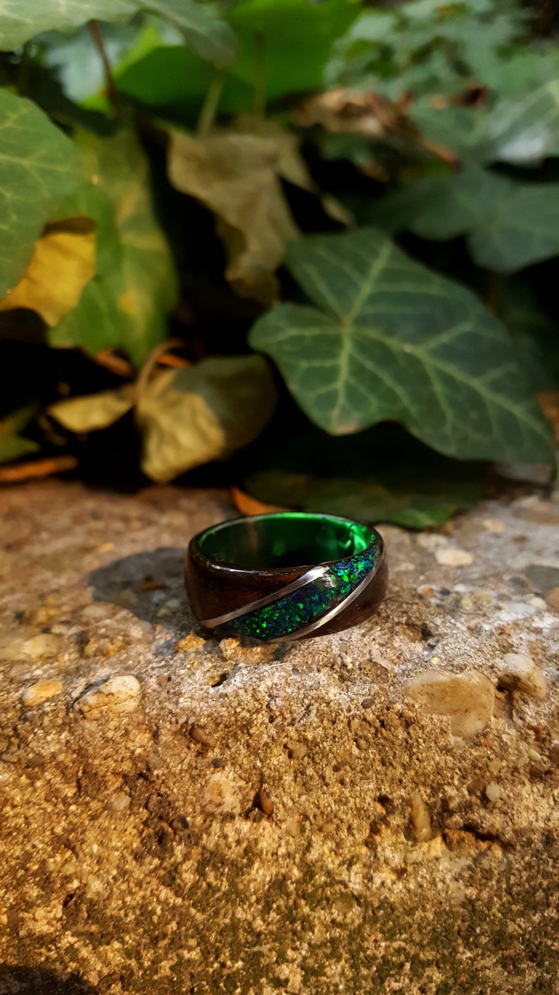 Fumed Eucalyptus with Crushed Dark Green Opal and Stainless Steel on Dark Green Core Bentwood Ring, Wood Ring for Men, Wood Ring image 5