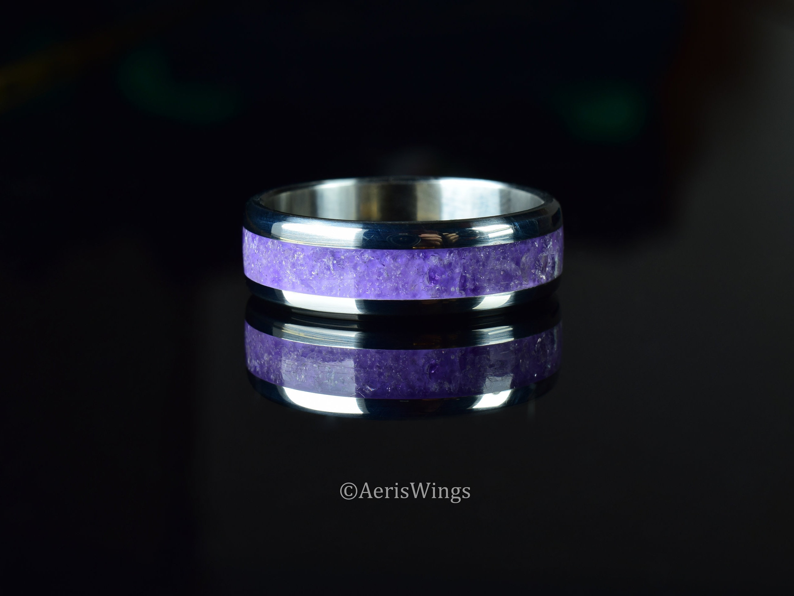 Wedding Ring, Stainless Steel Ring With Crushed Amethyst Inlay - Etsy