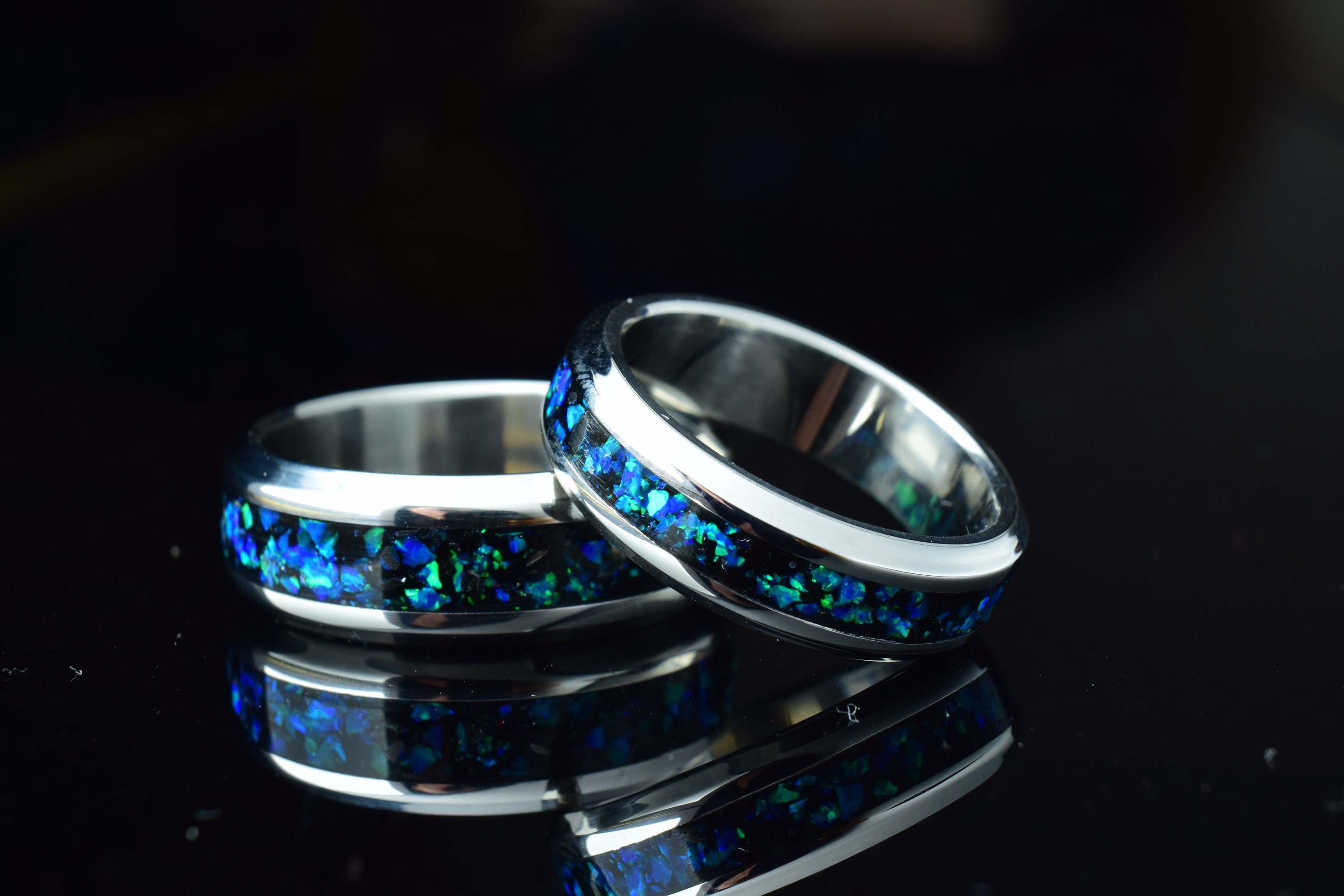 Matching Couple Promise Rings - Stainless Steel 6mm Engraved Wedding Bands, Silver & Black Set - View #2