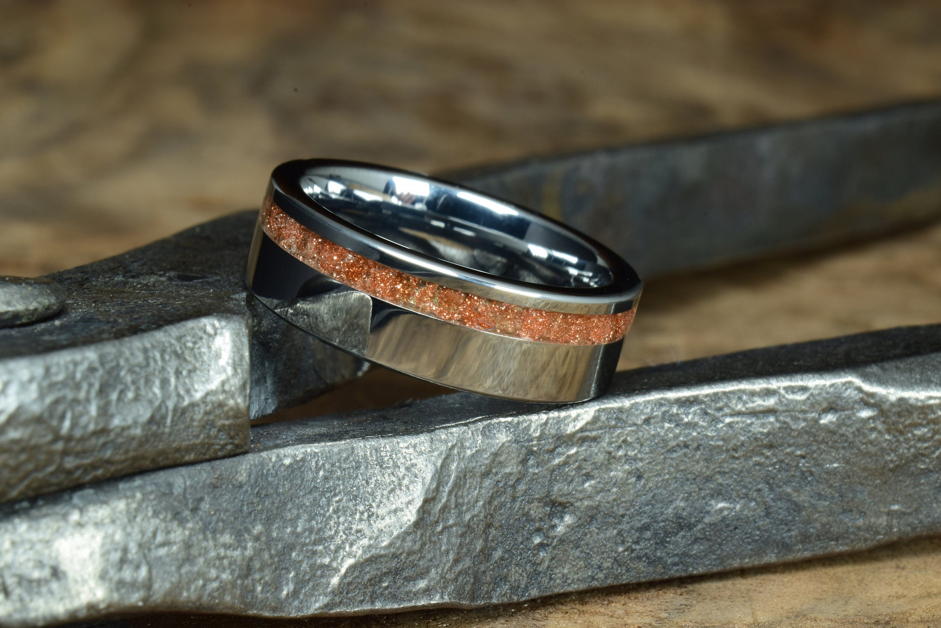 Tungsten Wedding Band with Crushed Goldstone - Sunstone Inlay - Engraving optional