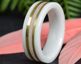 White Ceramic Ring - wedding ring with 14k Yellow Gold - White Opal Gemstone Inlay Wedding Ring - Black Ceramic and Tungsten Optional
