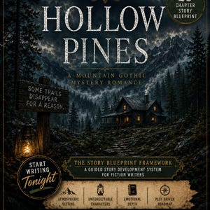 Puede incluir: Una portada de libro digital titulada Hollow Pines, un romance de misterio gótico de montaña, con un bosque oscuro, una cabaña con ventanas iluminadas y una linterna. El texto incluye Openmargin Writing Blueprint, 25 Chapter Story Blueprint y Start Writing Tonight, con iconos para el entorno, personajes, profundidad y hoja de ruta.