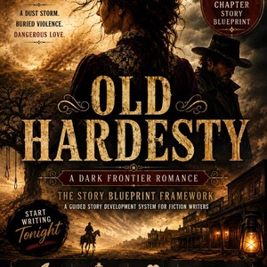以下が含まれることがあります： Old Hardesty, A Dark Frontier Romanceというタイトルのブックカバー。埃っぽい風景を背景に、女性と帽子をかぶった男性が描かれています。テキストには25 Chapter Story Blueprint、Start Writing Tonight、ストーリーガイダンスのアイコンが含まれています。