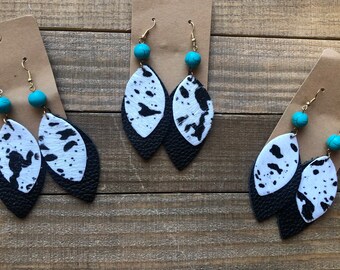 Bold Speckled Hair On Leather Earrings  Black White Hair on Cowhide with Bright Serape leather Overlay  Stylish Cowgirl