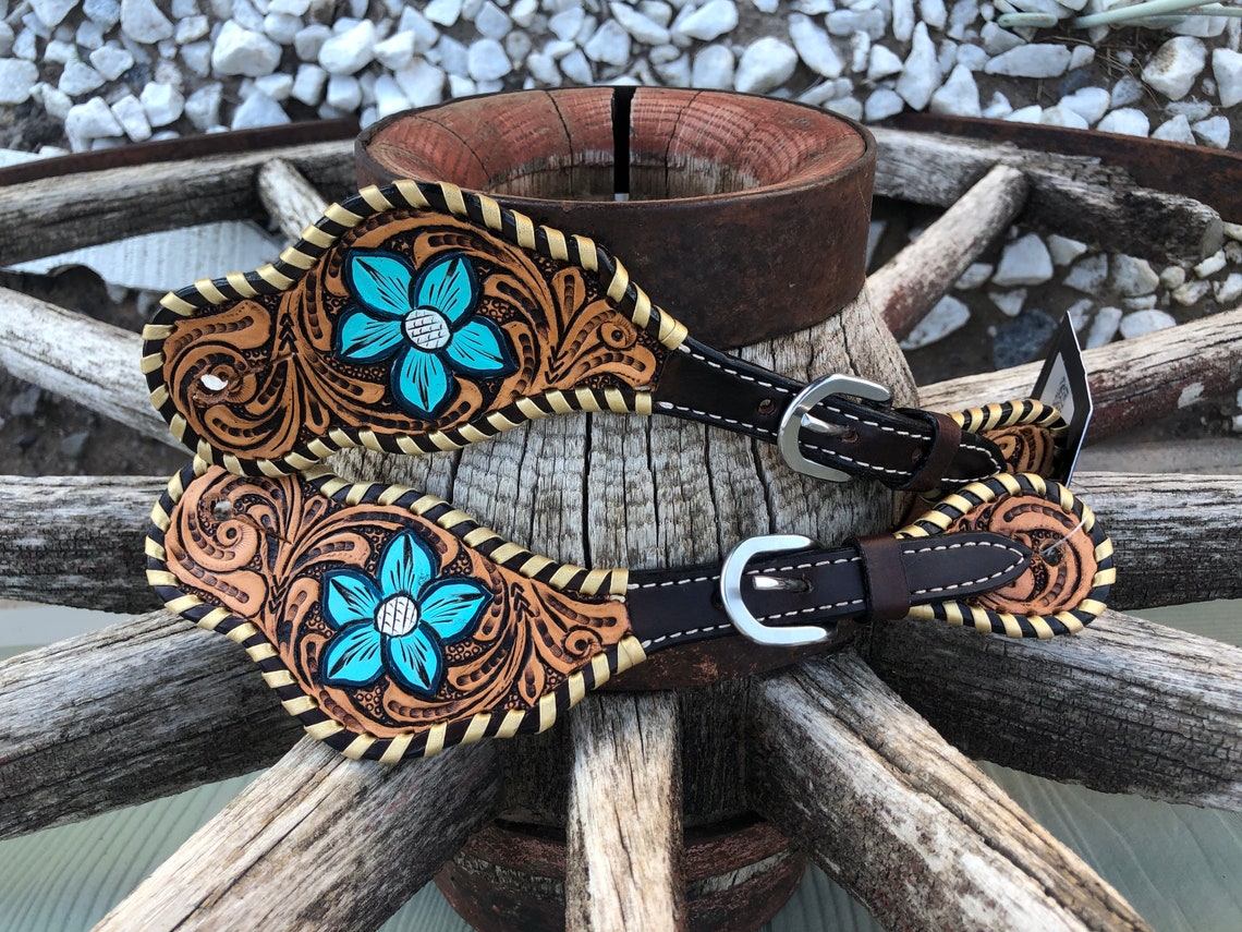 Leather spur strap all genuine leather hand tooled and hand Etsy