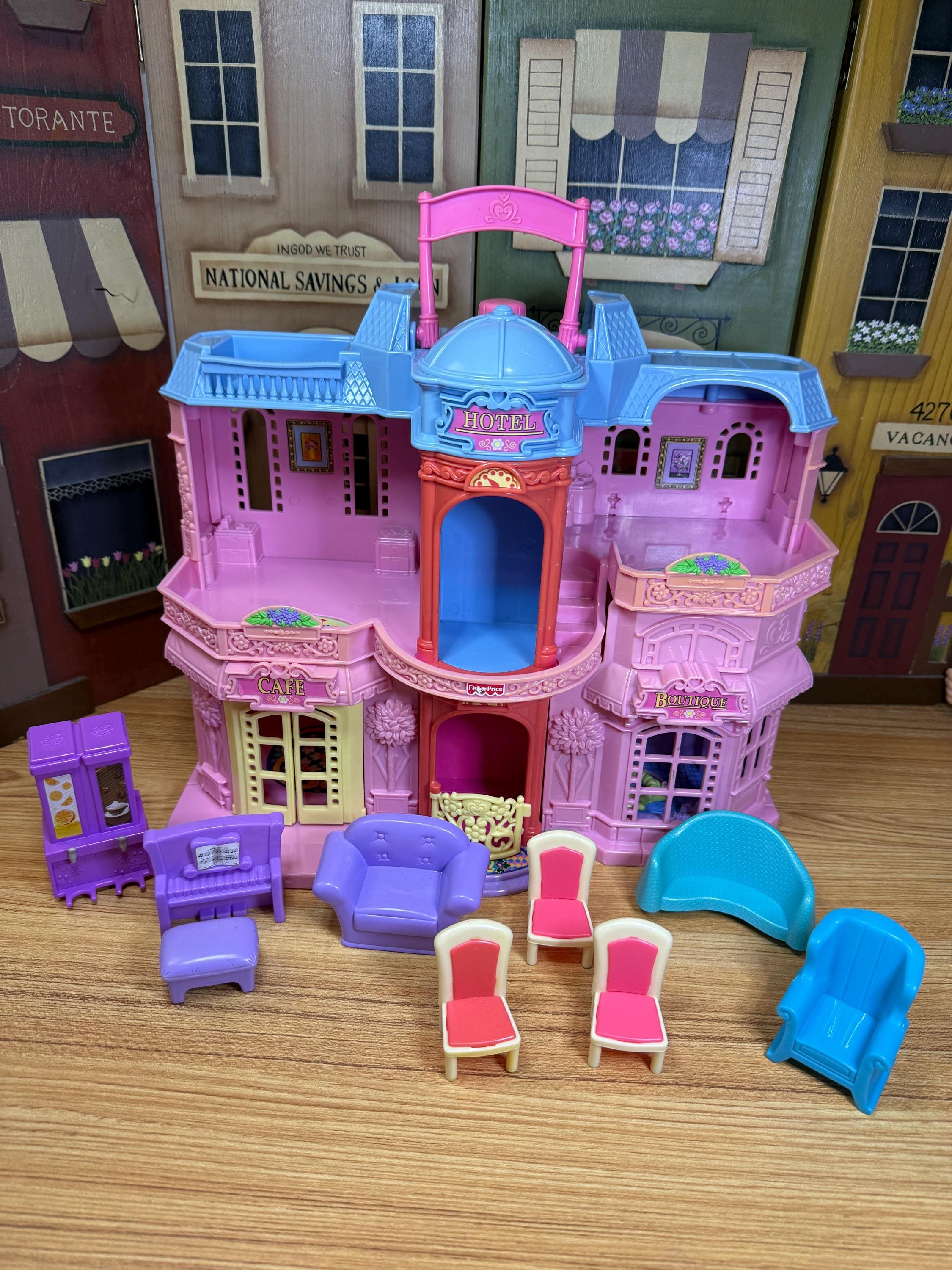 Vintage 2001 Fisher-Price Sweet Streets Hotel Carry Along Fold-up Dollhouse Cafe Boutique Pool Elevator with Furniture
