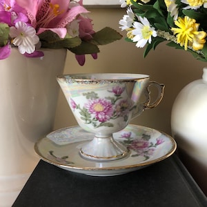 Taza de té de noviembre, taza de té iridiscente, taza de té y platillo rosa de Lusterware, taza de té de crisantemo, taza de té rosa, taza de té y platillo vintage