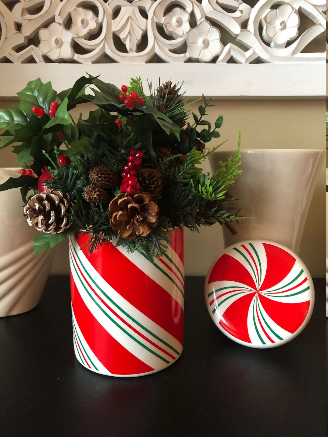 Candy Cane Jar, Candy Cane Cookie Jar, Vintage Teleflora Christmas