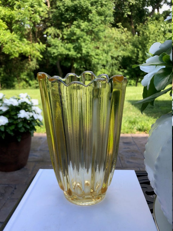 Fostoria Amber Glass Signed Vase, Large Fostoria Crystal Glass Vase, Large Vintage Crystal Vase