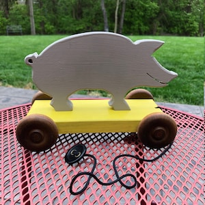 Pig Pull Toy, Handmade Wood Pig Pull Toy, Vintage Folk Art Pig, Hand Painted Wood Piggy Pull Toy, Gray Pig Toy, Handmade Pig, Wood Piglet