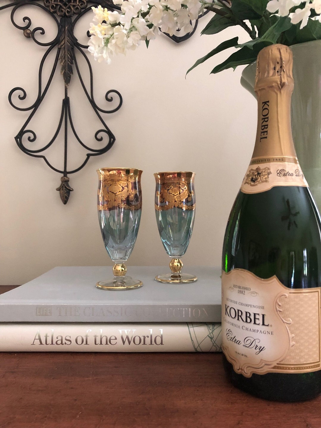 Vintage Italian Wine Glasses, Hand Blown Wine Glasses, Iridescent Blue