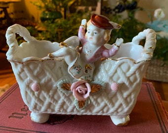 Vintage vase/ planter with cute girl and flowers