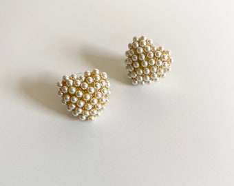 Pearl Heart Shaped Stud Earrings | Gold Earrings | Bridesmaid Earrings | Wedding Earrings | Pearl Studs | Cluster Earrings | Gift Ideas