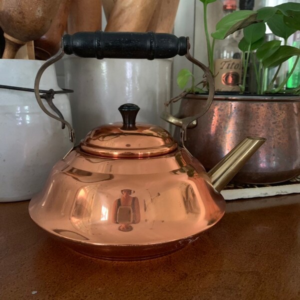 Vintage Copper Tea  Kettle  Stove Top Tea Pot  Brass  Handcrafted  Coppercraft Guild  Hand Made  Tin Lined  Farmhouse Kitchen  Tauton Mass