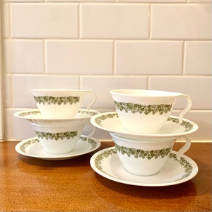 Corelle Crazy Daisy Hook Handle Tea  Cups  And Saucers Set of 4 Coffee Cups Spring Blossom  Mugs Corelle By Corning USA