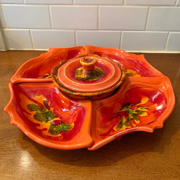 Vintage Maurice of California Pottery Chip And Dip Set Relish Snack Set Orange Glaze Maurice USA Midcentury Modern Serving Dishes 6 Pieces