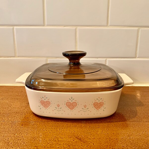 Vintage  Corning Ware Fruit Abundance  Pattern 2.5 Liter Casserole Dish With Brown Glass PYREX Lid Fruit Pattern Peach Motif A 10 B