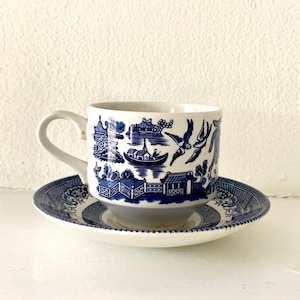 Vintage Blue Willow   Teacup and Saucer  Churchill Staffordshire England Cup and Saucer  Vintage Coffee Cup And Saucer Blue And White Teacup