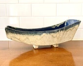 Japanese Ikebana Vase 2 Flower Frogs Abstract Form Textured Finish Blue Glaze Footed Mid Century 1960s Flower Arrangement