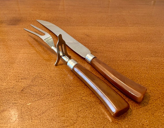 Fuller's Carving Set Brown Bakelite Handles Stainless Steel Carving Fork  and Knife Serving Utensils Thanksgiving Holiday Christmas 