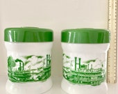 Vintage Milk Glass River Boat Scene White Canister with Green Lid Cigar Humidor Kitchen Storage Bath Office Storage