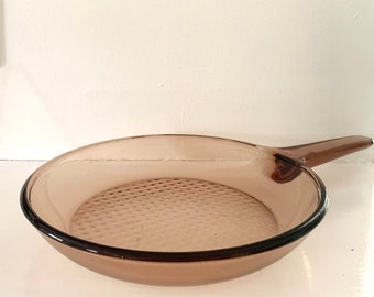 Visions Corning France Amber Glass 10 Inch Skillet Frying Pan  Corning Ware Large Brown Glass Pan  Oven Safe