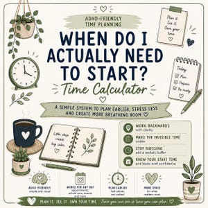 May include: An infographic titled ADHD-Friendly Time Planning: When Do I Actually Need To Start? Time Calculator. It features illustrations of a clock, a coffee mug, a notebook with the text Little steps create big calm, and a list of steps to work backwards, make invisible time visible, stop guessing, and know your start time.