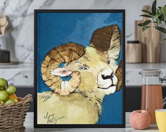 Origineel schilderij ram, gouache natuurkunst, dikhoornschapen illustratie, natuurmuurdecoratie, kleine kunstwerken