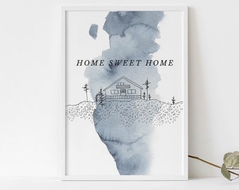 Linie Zeichnung Druck - Bauernhaus Wand Kunst Dekor - Minimalistisches Haus - Wärmendes Geschenk - Digitale Architektur Skizze - Aquarell Tinte